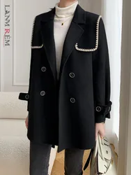 LANMREM moda cappotto di lana donna contrasto colore risvolto cintura doppio petto abbigliamento stile coreano 2024 inverno nuovo 2 aa2876