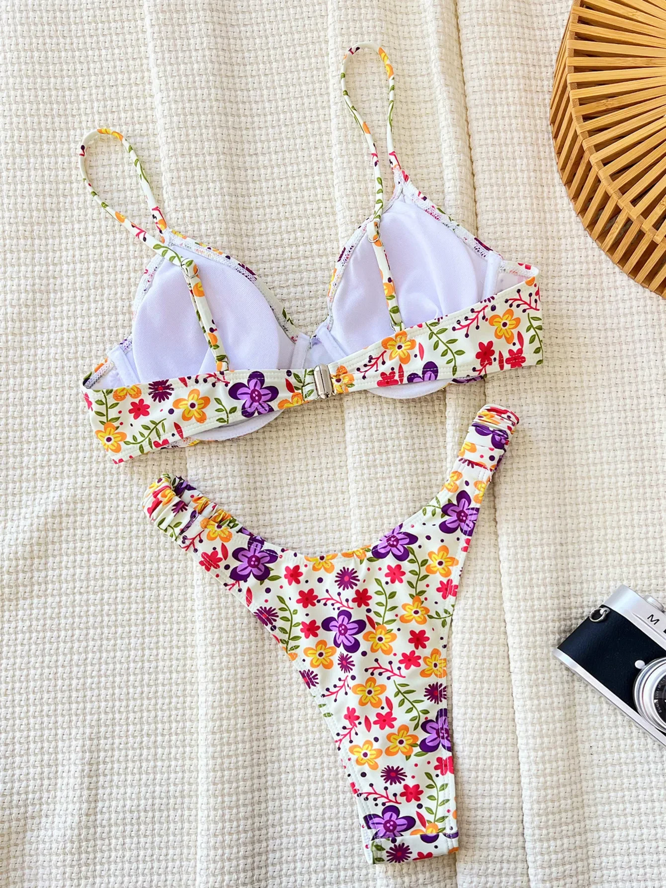 Maillot de bain deux pièces imprimé floral, sexy, push up, froissé, en v, ensemble, bikini, tankini