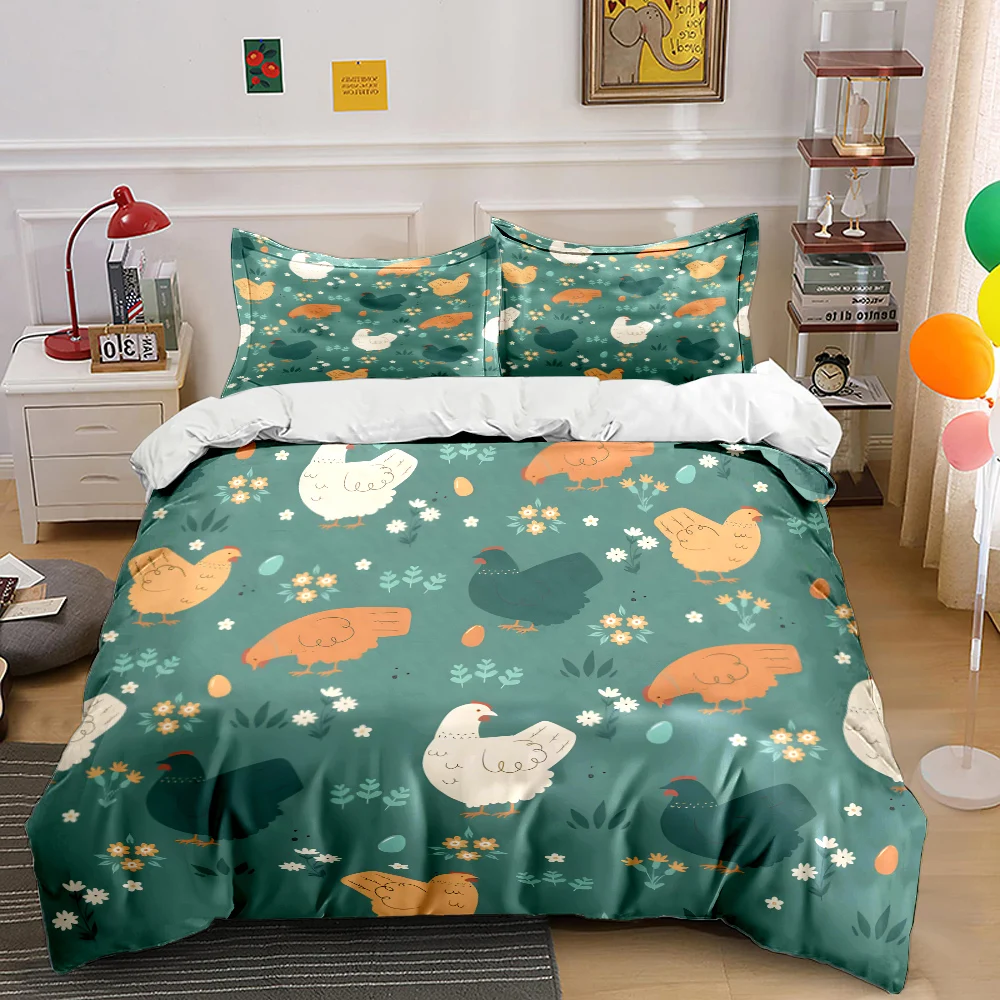 Cartoon chickens with floral Pattern Duvet Cover Set Digital Print Colorful Polyester Bedding with Zipper Closur for kids gifts