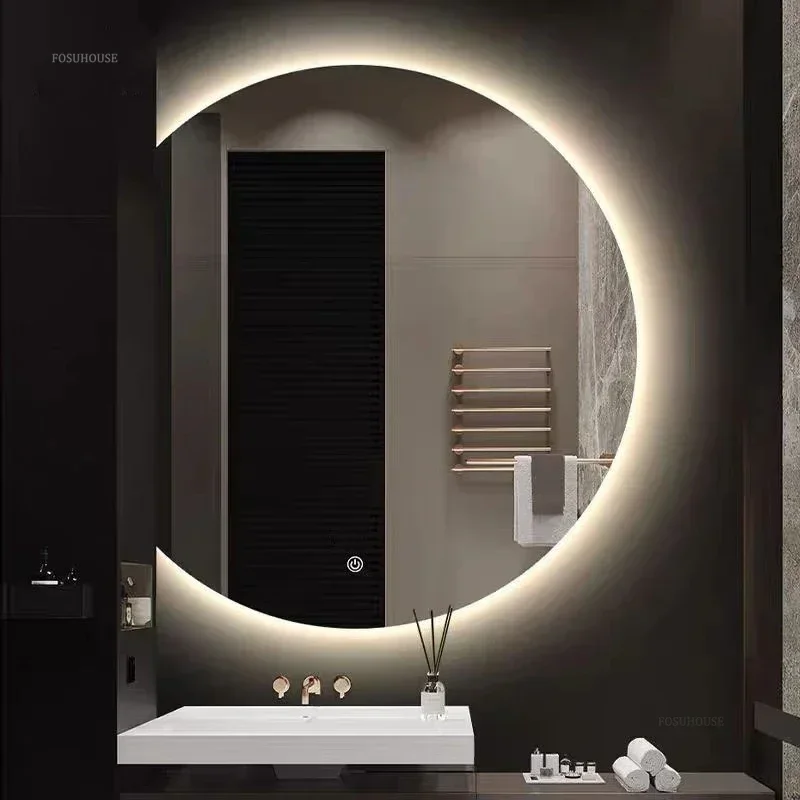 Modern Special-shaped Bath Mirrors Semicircular Makeup Mirror Wall Hanging with Light Bathroom Led Touch Screen Bathroom Mirrors