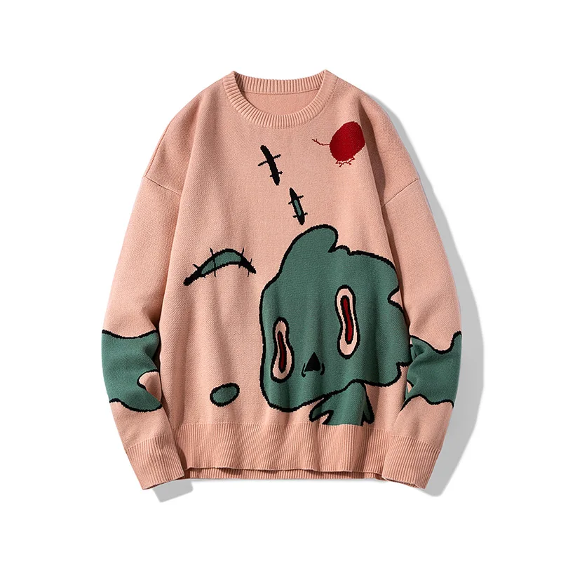 Autumn Anime Sweaters Men Cartoon Pattern Oversized Knitted Sweater Cotton Vintage Harajuku Pullovers Men Clothing