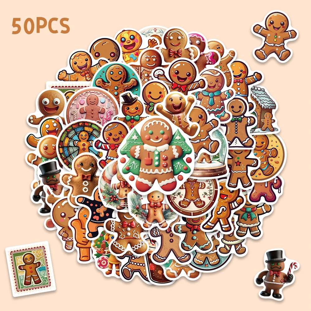50 pezzi di adesivi natalizi con omino di pan di zenzero per notebook, laptop, diari, carte, custodia per telefono, buste, decalcomanie, decorazioni per feste