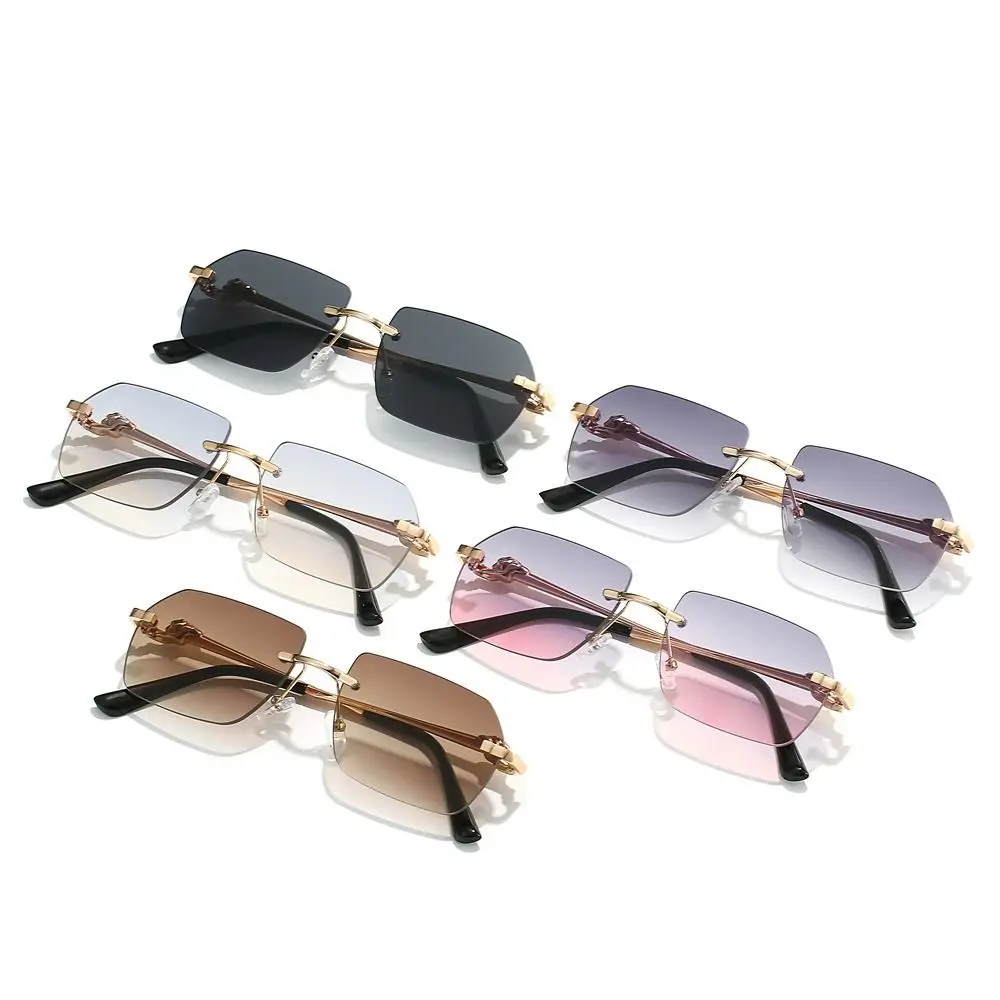 with Leopard Temples Edge-Cut Sunglasses Irregular Shape Summer Street Shades Frameless UV Protection Sun Glasses