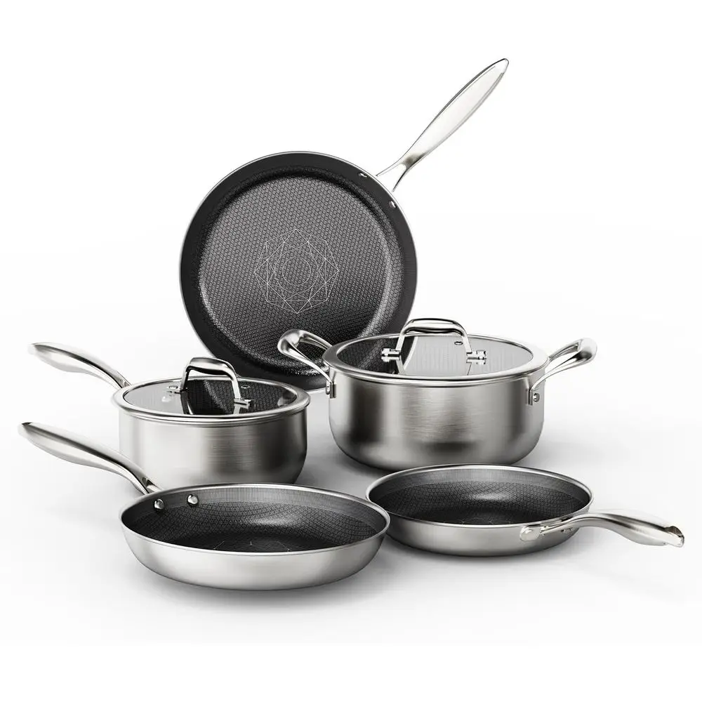

Non-Stick Hybrid Cookware Set: Frying Pans, Saute & Stock Pot with Glass Lid, Oven Safe, Induction Ready