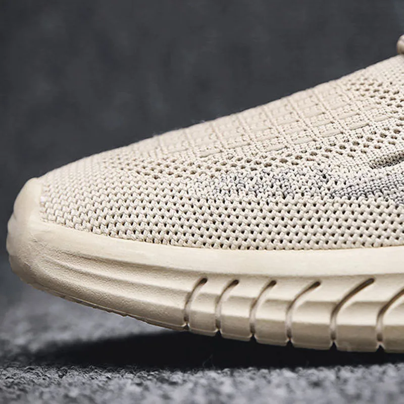 Men Sports Shoes Flat Bottom Lightweight Slip On Soft Elastic Fly Mesh Breathable Male Sneakers Running Newest