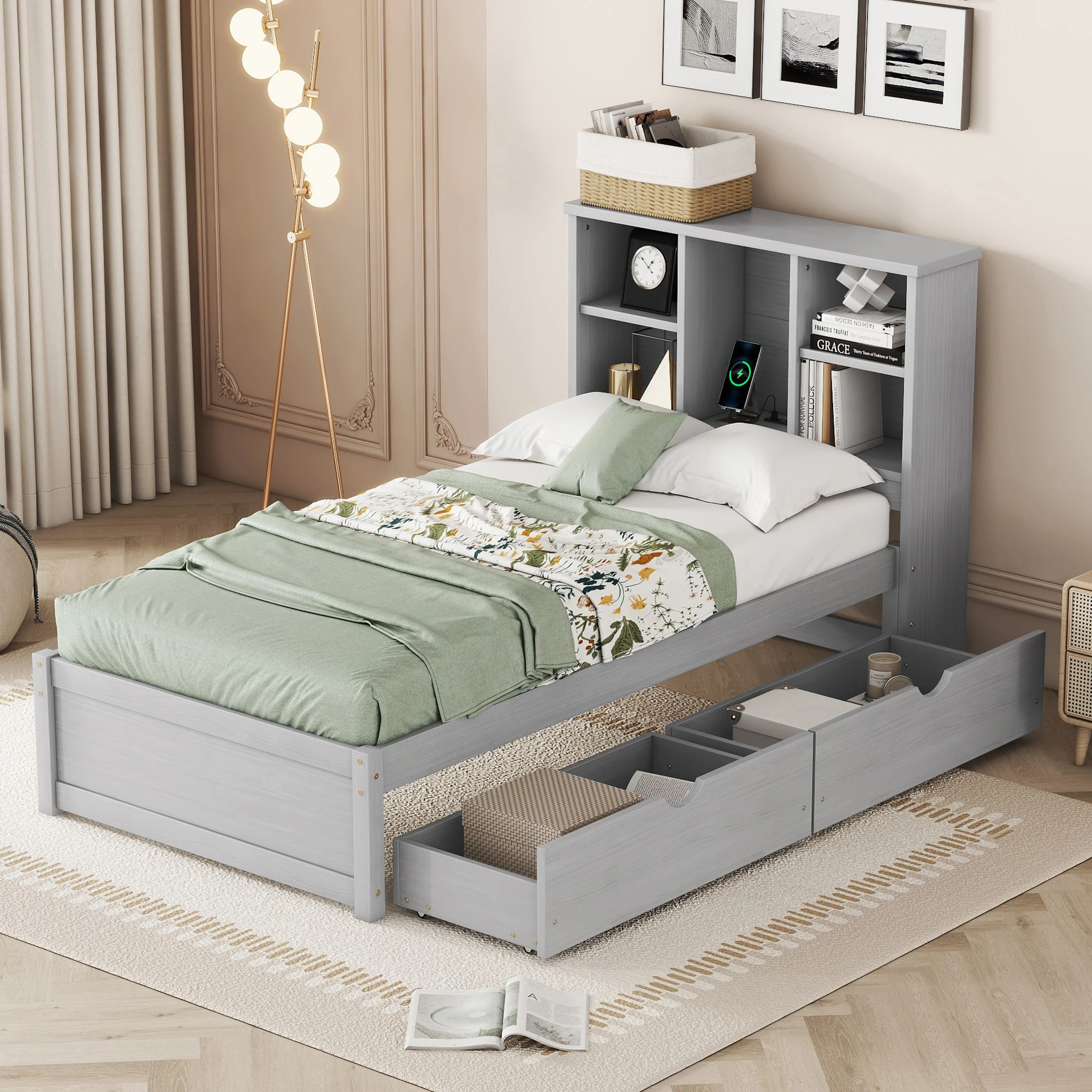 Modern Twin Size Bed Frame With Built-in USB Port on Bookcase Headboard and 2 Drawers for Walnut Color