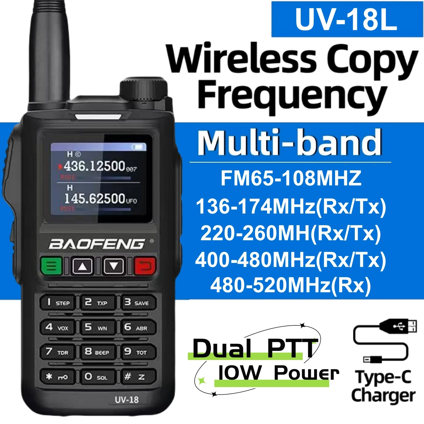 Baofeng Uv-18L 10 واط نسخة لاسلكية Dtmf نوع-C شاحن تردد Uhf Vhf طويلة المدى أجهزة اتصال لاسلكية التخييم ل Quansheng
