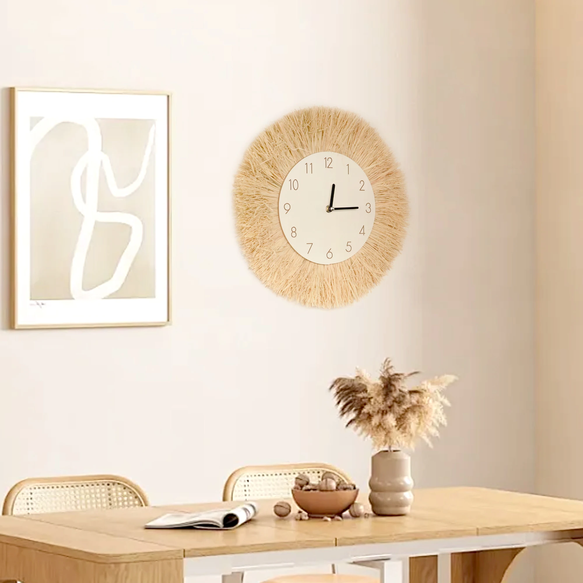 ساعة قش بوهو منسوجة يدويًا للديكور المنزلي ، تعليق حائط مكرمي ، مرايا ، غرفة نوم