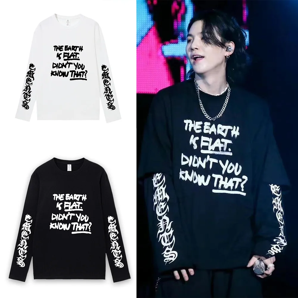 100% Cotton Kpop Suga Letter Printed T-shirt Hip Hop Vintage Y2k Long Sleeve for Men Casual Graphic T Shirts Kpop Clothes