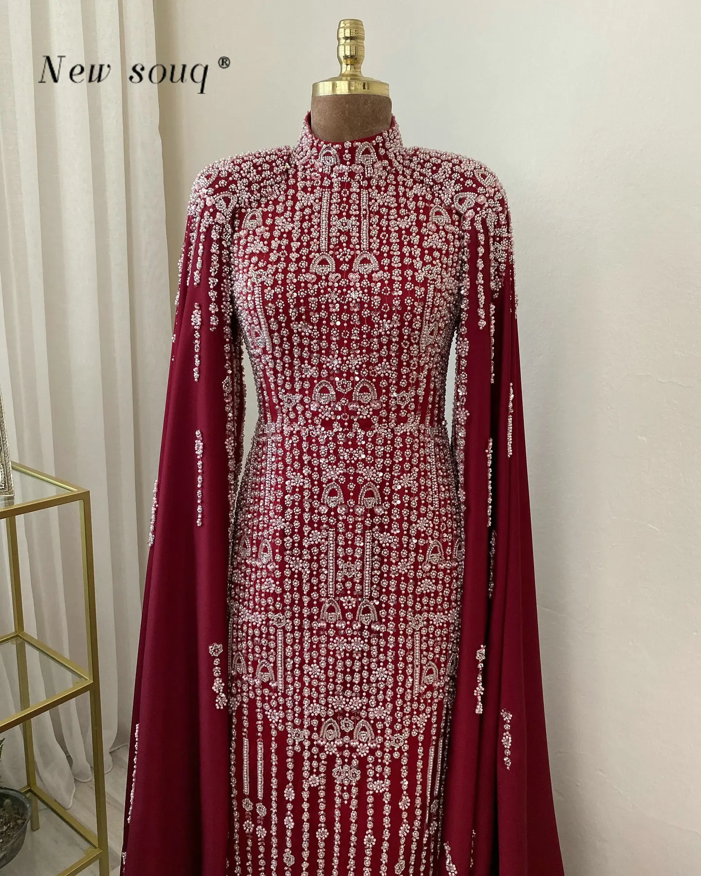 3 Colors Muslim Cape Sleeves Beaded Evening Dresses Dubai Arabic Long Straight Formal Gowns for Women Wedding Party 2024