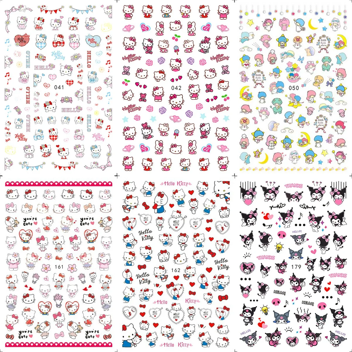 6 Stück Cartoon Hello Kitty Nagelaufkleber 3D Sanrio Nagelkunst-Dekoration Anime-Aufkleber für Nägel Niedliche Kuromi Press-On Nagelaufkleber