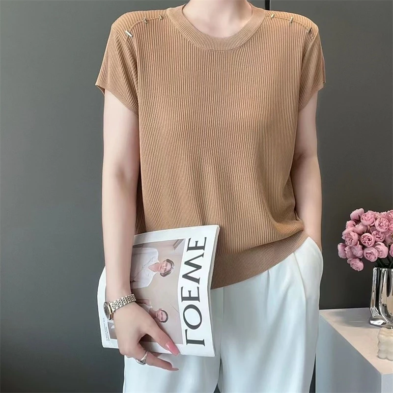 Women Clothing 2024 Summer Stylish Simple Casual Short Sleeve Rib Knit T-shirt Female Elegant Solid O Neck Loose Pullover Tops