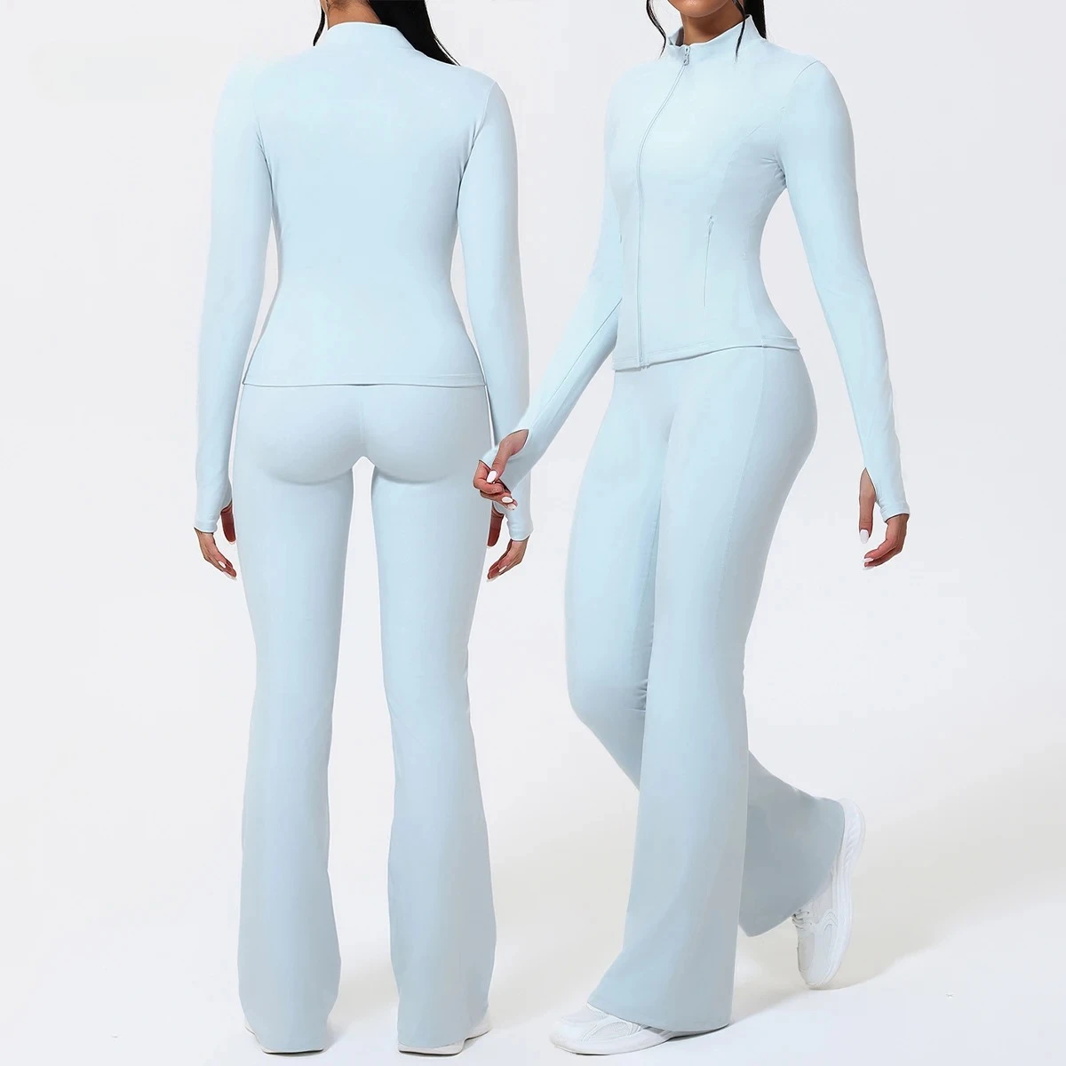 

Женский спортивный костюм, 2 шт., спортивное пальто с длинными рукавами для бега, экологическое тонкое пальто для йоги с застежкой-молнией и высокой талией.