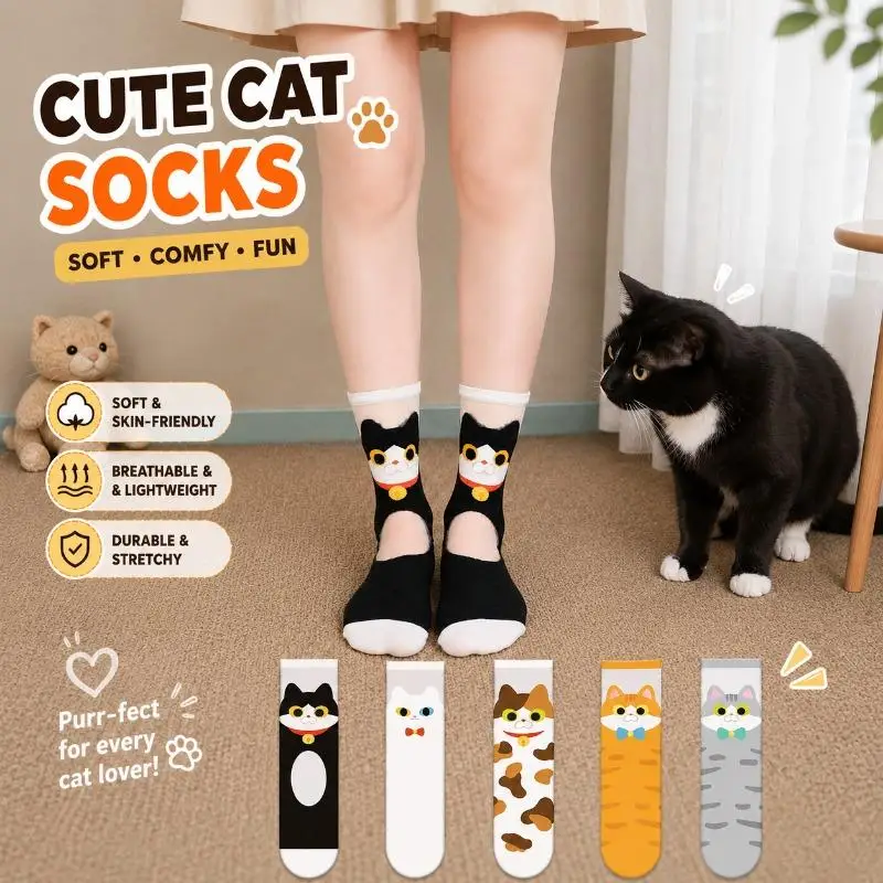 3/5 Pairs Funny Cat Pattern Cute Cartoon Socks Women Trendy Mesh Sheer Splice Mid‑Calf Socks Versatile Daily Students Sock