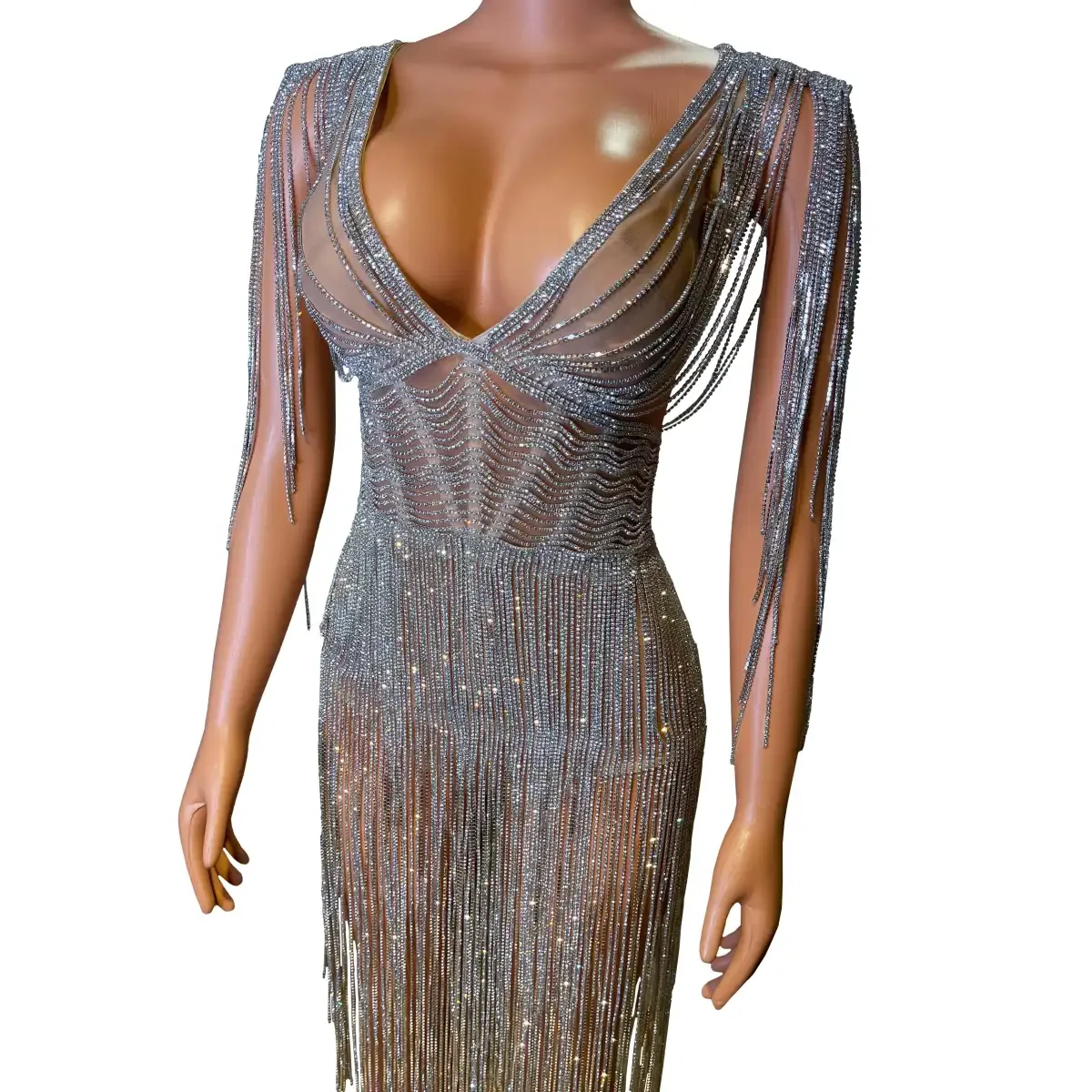 Sexy Diamond Tassel V-neck Skirt Nightclub DJ Bar Female Singer Dance Team Stage Performance Clothing Party Theme Show Costume