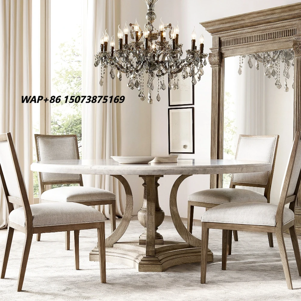 Premium Italian Carrara Marble Round Dining Table, Luxury Solid White Oak Pedestal Base, Artisan Crafted Luxe Round Dining Suite
