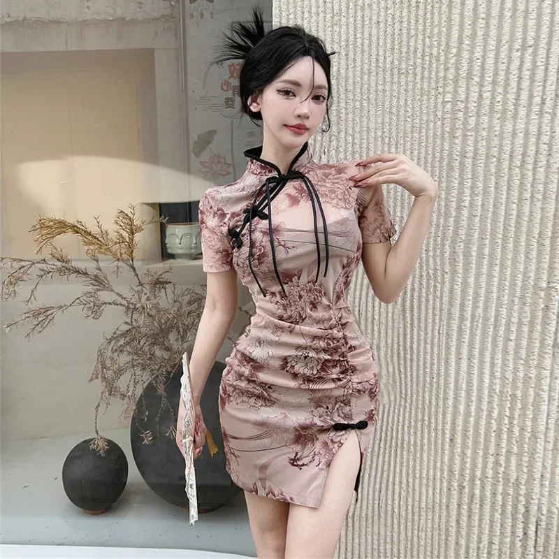 

Korean fashion women Y2K clothing Chinese cheongsam summer high slim elegant flower long maxi dress hot sexy short skirt 2025