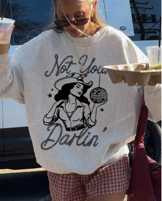 

Not Your Girl Graphic Tops Women's Western Cowgirl Print Tshirt Crew Neck Long-sleeve T-Shirt Vintage Female Clothing Oversize