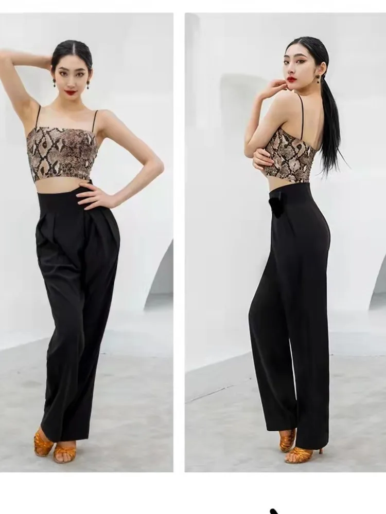 Solid Color Latin Dance Practice Line Pants Women Waltz Costume Jazz High Waist Competition Stage Classical Wide Leg Trousers