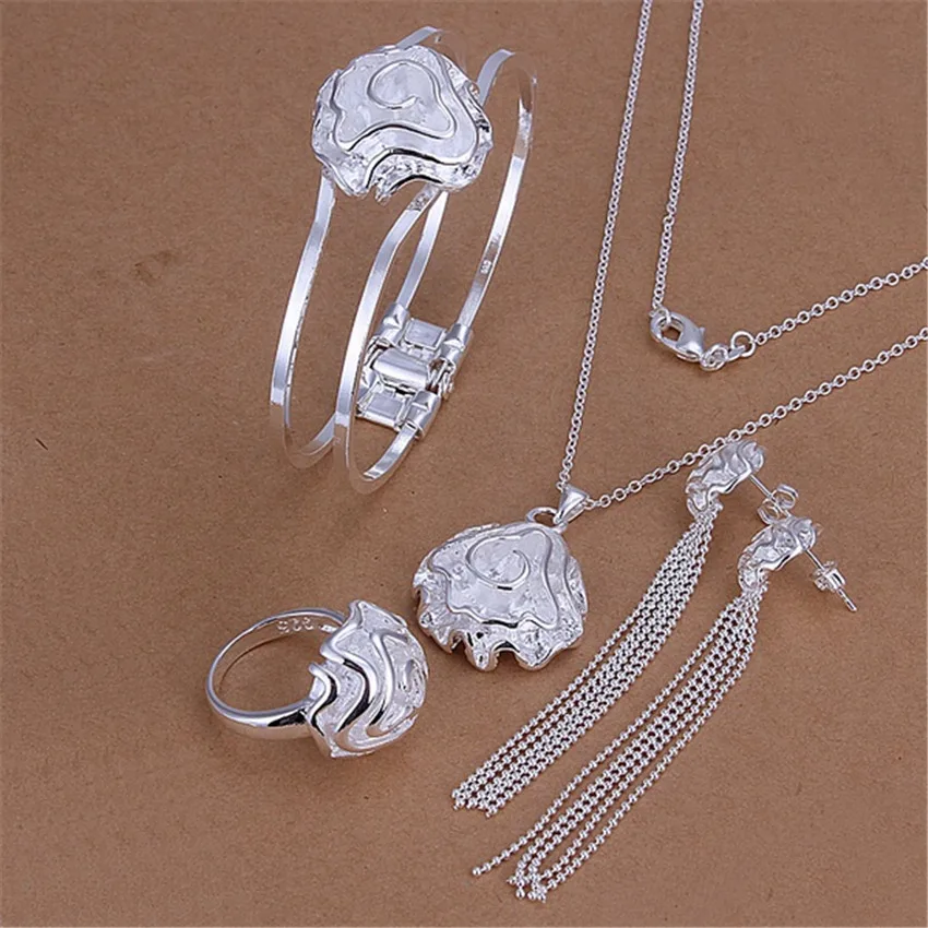 

925 Sterling Silver Fashionable Charm Boutique Jewelry Rose Necklace Women's Bracelet Earrings Ring Wedding Matching Set