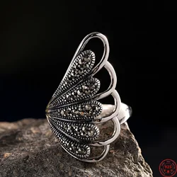Genuine S925 Sterling Silver Charms Rings for Women New Fashion Simople Geometric Pattern Marcasite Punk Jewelry Wholesale