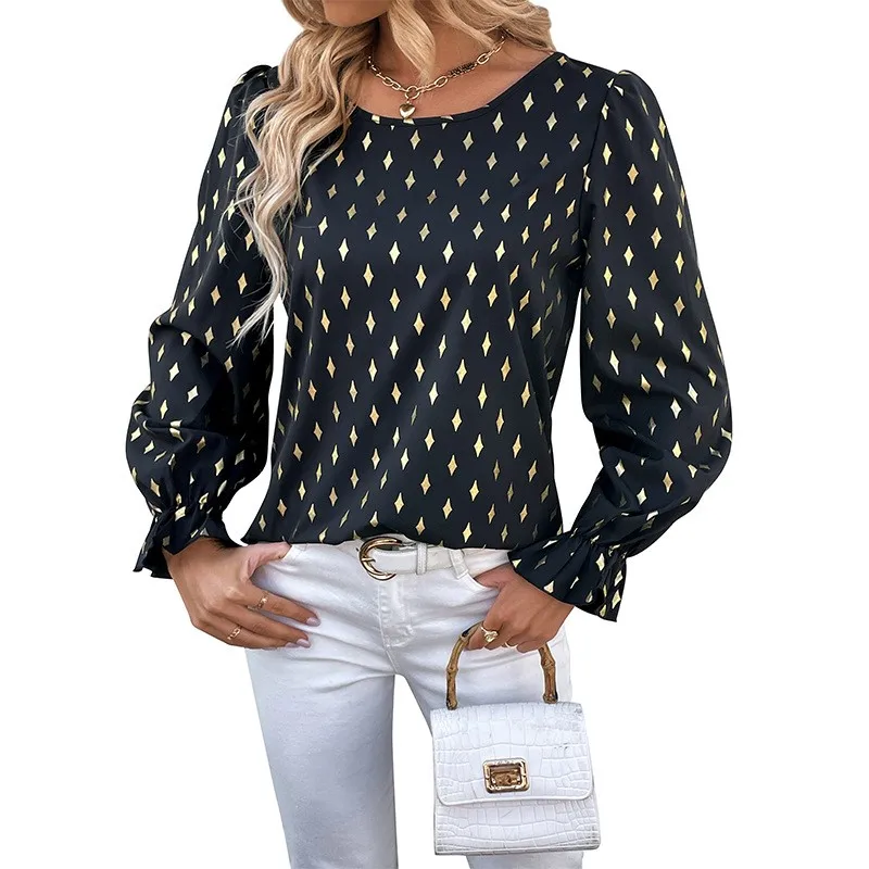 Camicia a maniche lunghe da donna Casual elegante nera stampa a caldo Versatile moda manica a tromba 2024 camicetta autunnale da donna nuova