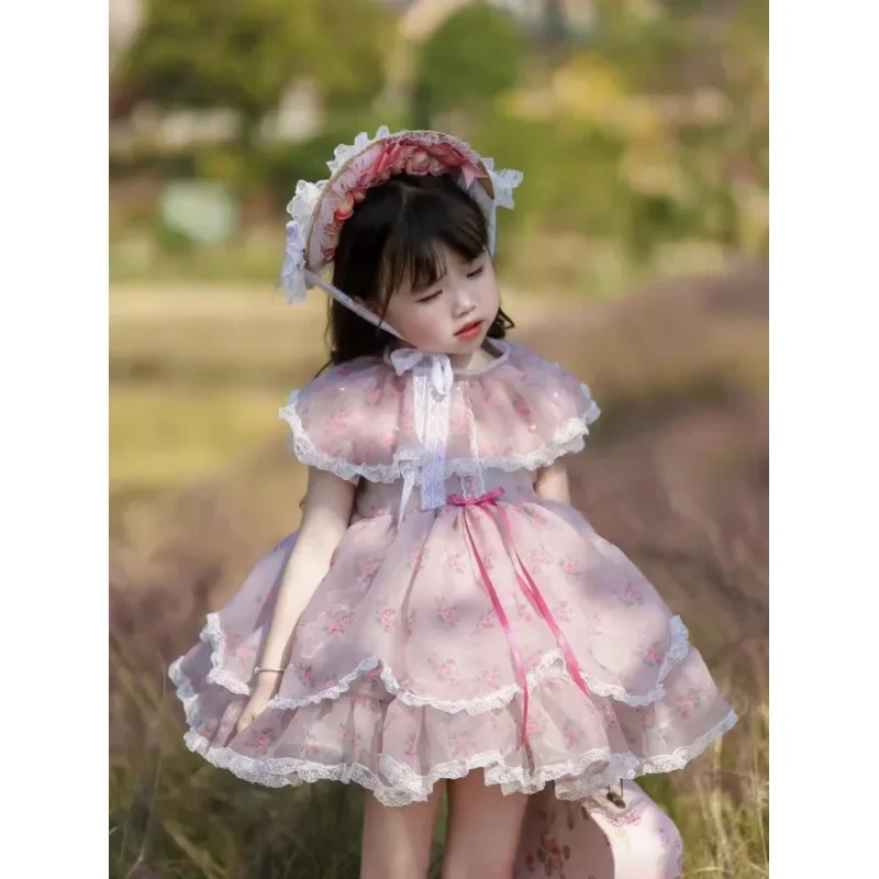 Lolita Ball Gown Dresses for Girls Princess Kids Princess Pink Infant Flora Dress Children Design Print Clothes for Photograph