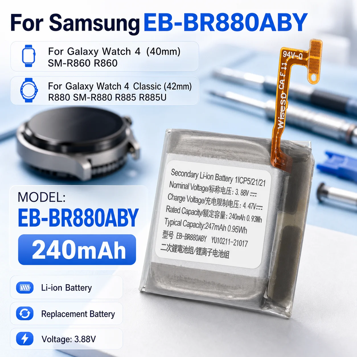 Smart Watch Replacement Battery EB-BR880ABY 240mAh With Tools For Samsung Galaxy Watch 4 40MM R860 R880 R885U