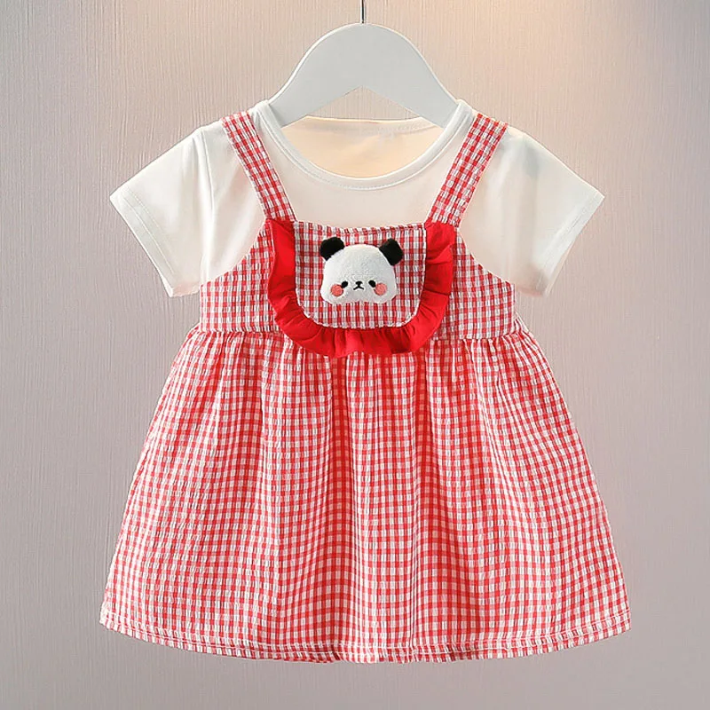 Cartoon Panta Baby Girl Dress Plaid Casual Toddler Girl Clothes Children Fashion Kid Dress Summer Princess Birthday Dress A1091