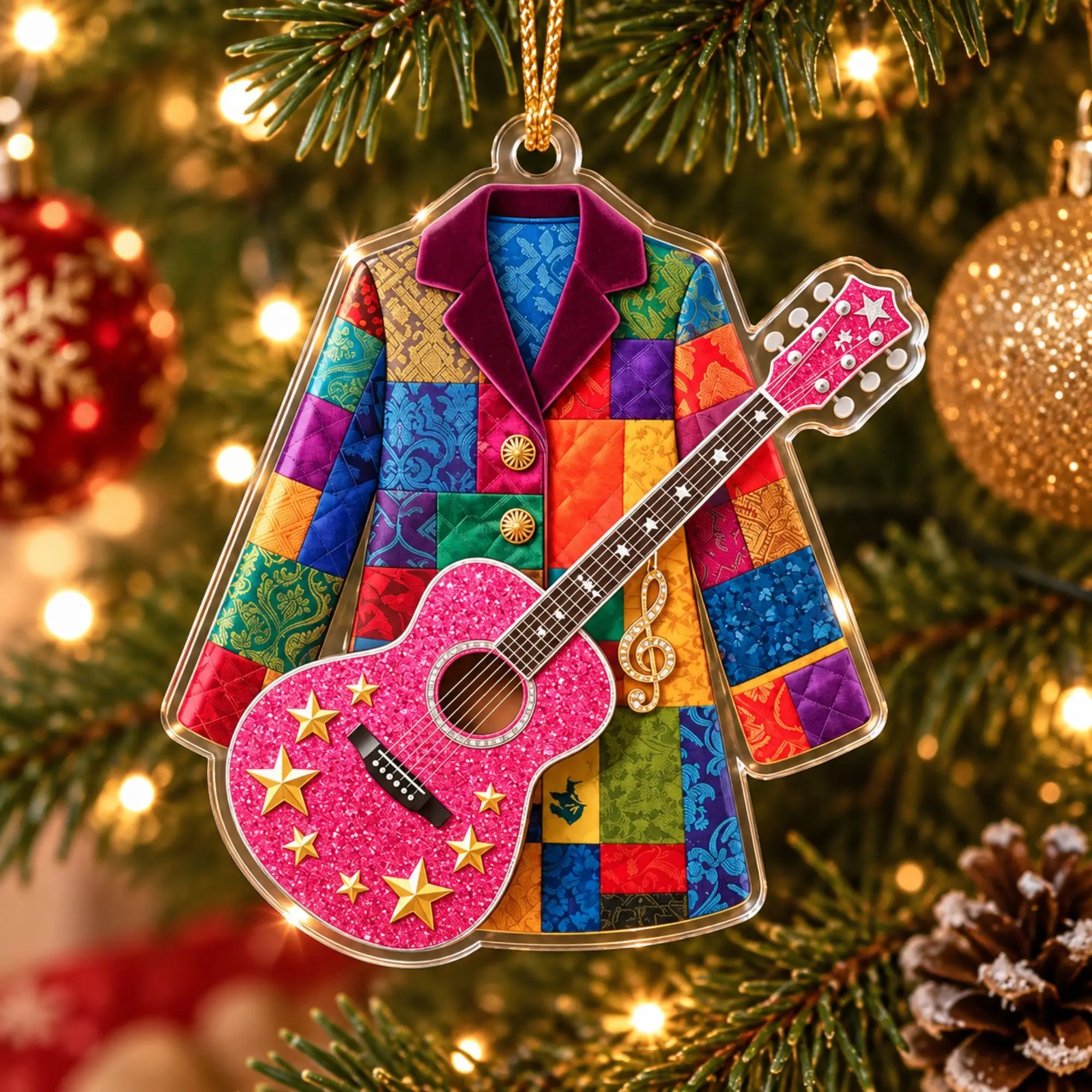 2D Flat Country Music Acrylic Ornament: Pink Guitar, Patchwork