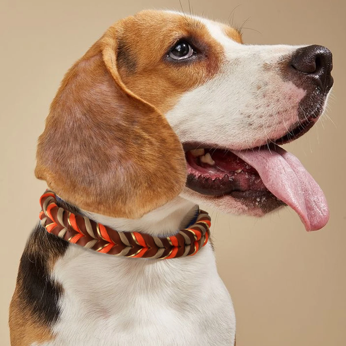 Braunes Leder-Hundehalsband und Leinen, Anzug, gewebte Muster, wunderschönes, langlebiges Nylon, orange Farben, Seil, freihändiges Design, 2026, neu – Detail 4