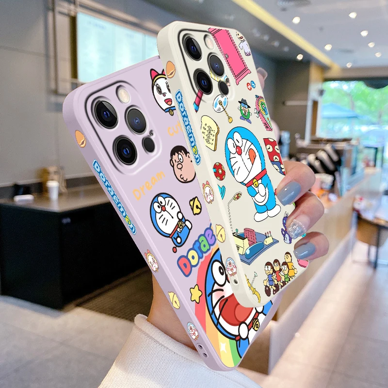 D-Dorae M-mon Cute Cartoon Liquid Left Rope For Apple iPhone 15 14 13 12 11 XS XR X 8 7 SE Pro Max Plus Mini Funda Phone Case