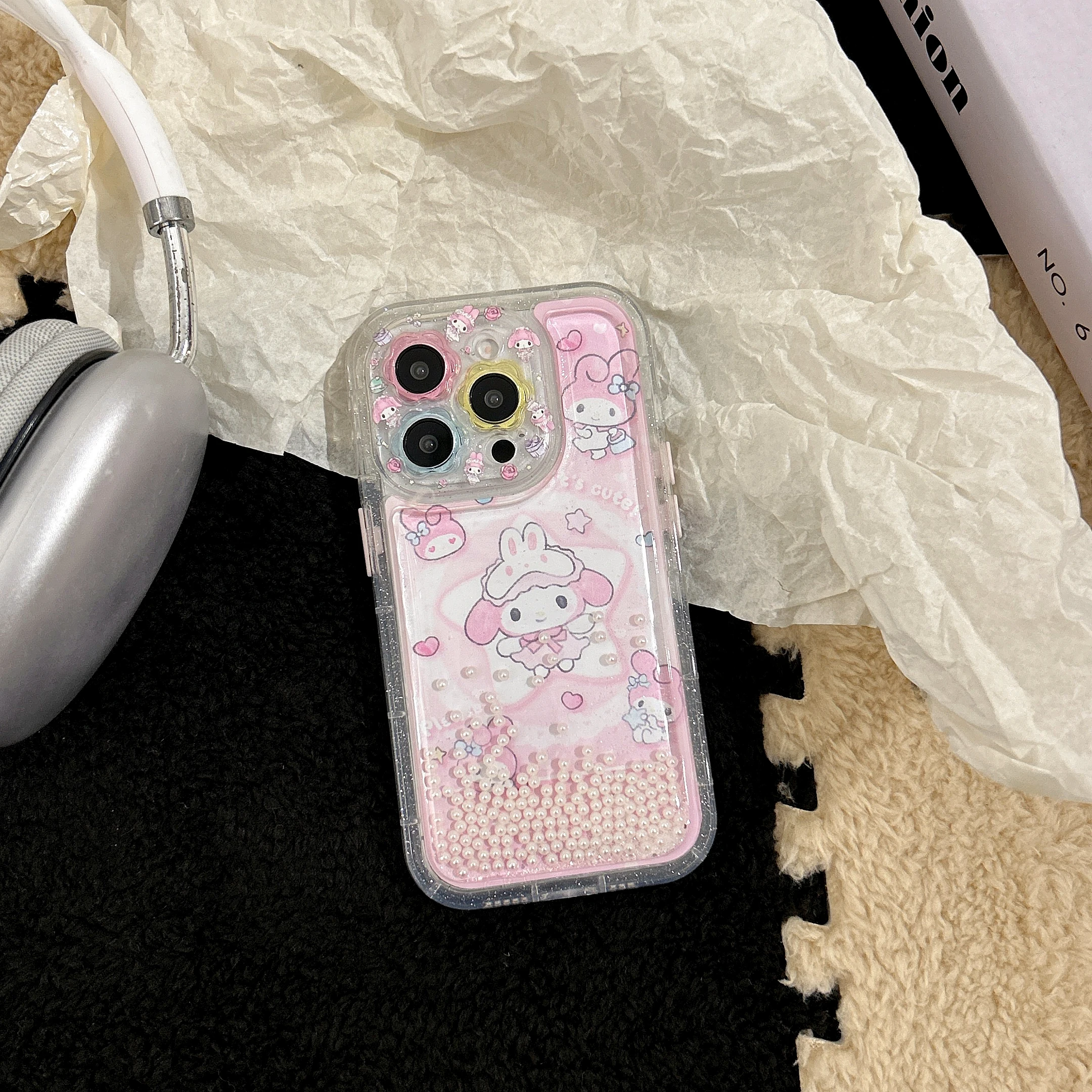 Girls' Favorite Flow Sand Edition Phone Case Cartoon Sanrio For Melody Pretty Pinkish For iPhone16 13 14 15 Pro Max Anti-Drop