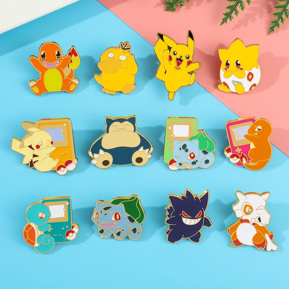 Cute Pikachu Pokemon Brooch Anime Figures Gengar Psyduck Squirtle Togepi Bulbasaur Enamel Lapel Pin Badges on Backpack