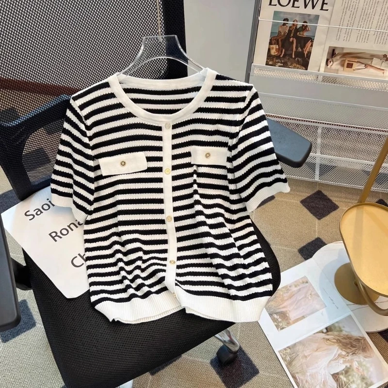 

Women Clothing Thin Contrast Striped Patchwork Elegant Tops Short Sleeve Loose Casual Short T Shirts Summer New Fashion Vintage