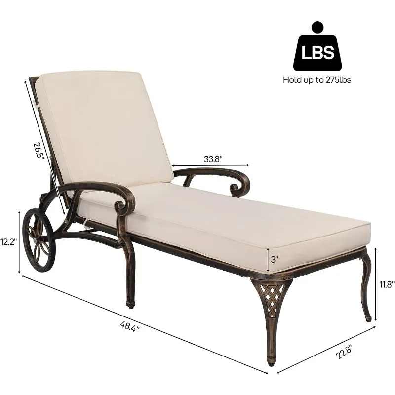 Cast Aluminum Outdoor Chaise Lounge Chair with Wheels, Patio Chaise Lounge with 3-Position Adjustable Backrest, Outdoor Tanning