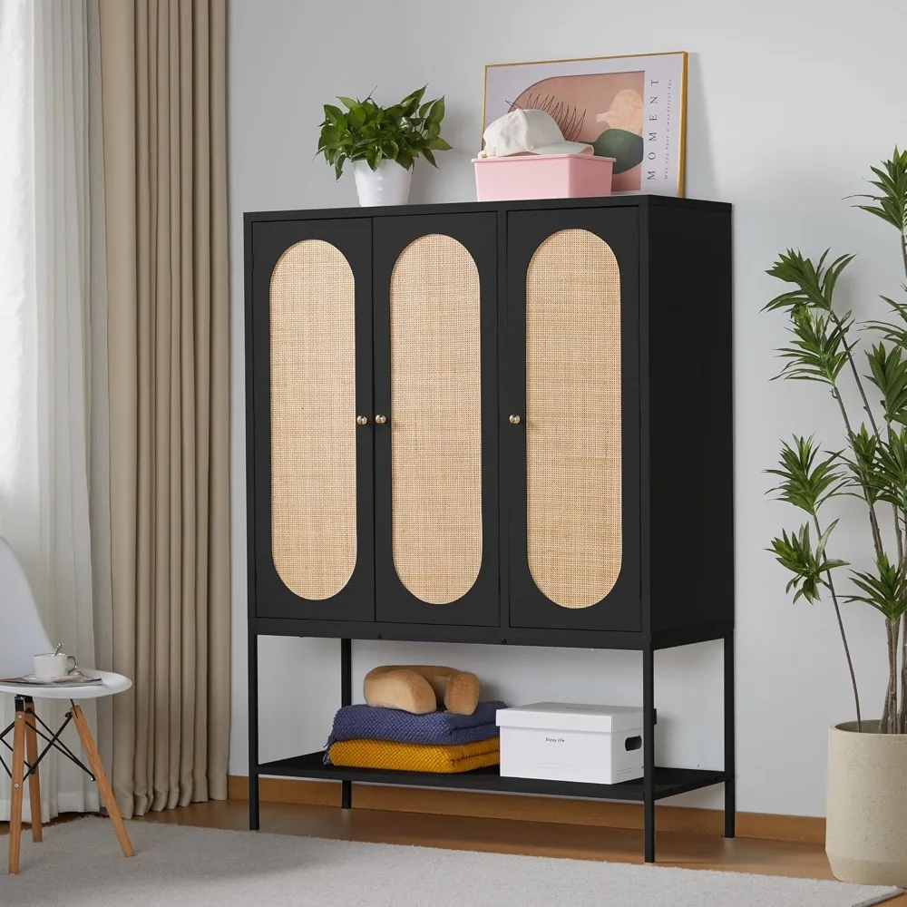 

Armoire Wardrobe Closet with 3 Doors, Rattan Wardrobe Cabinet with Hanging Rail for Clothe