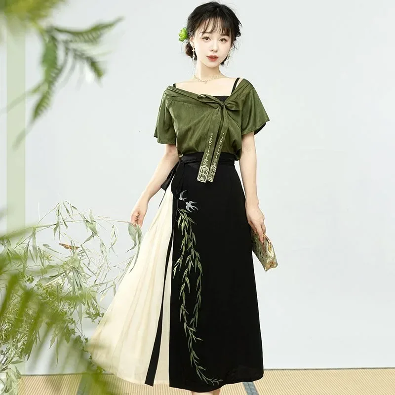 Improved Chinese Traditional Bamboo Leaf Printed Hanfu Dresses Women's Summer Fashion Hanfu Suit Top Suspender Skirt Vestidos