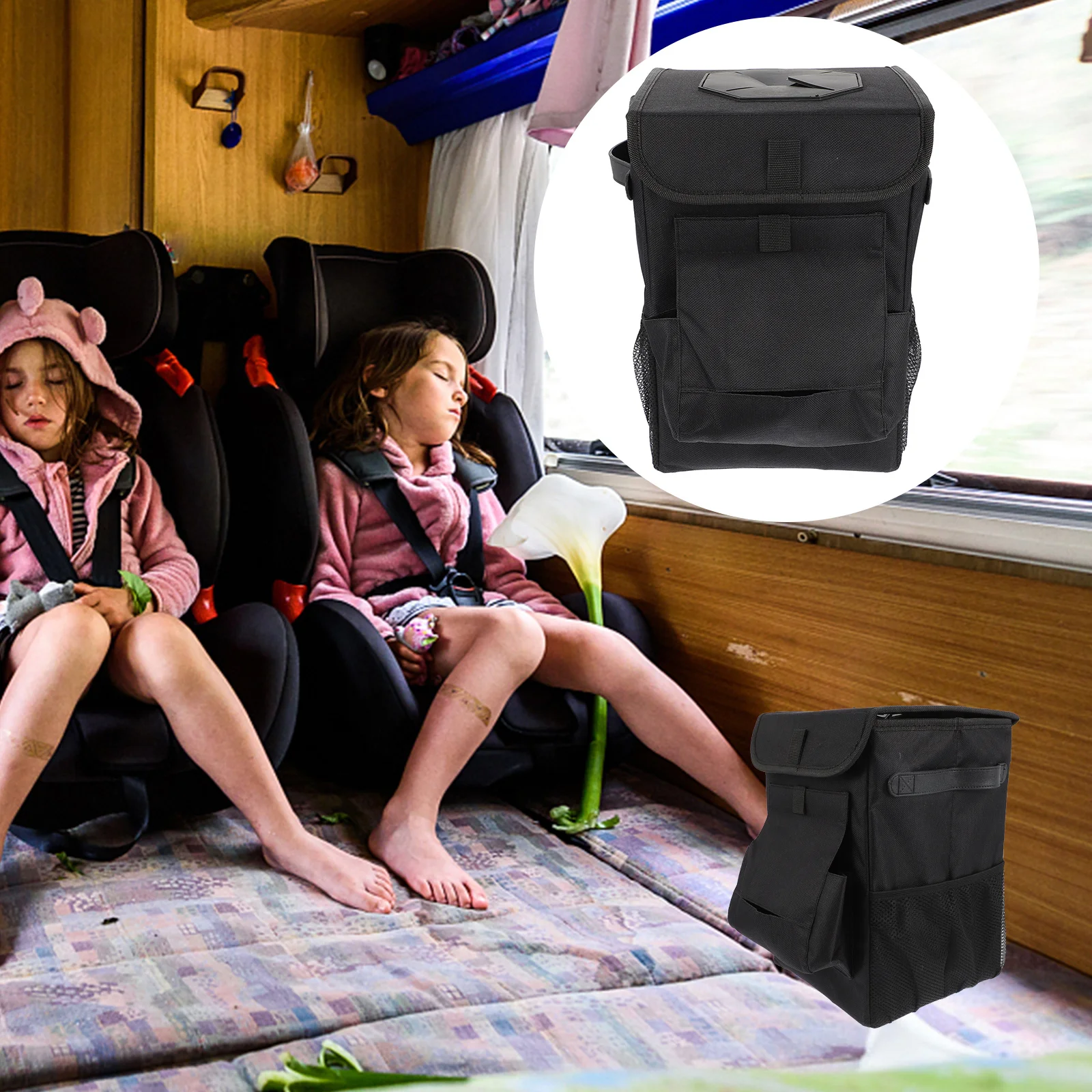 

Car Trash Can Foldable Oxford Cloth Vehicle Waste Basket with Storage Pockets Extra Mesh Compartments for Car Garbage Bag