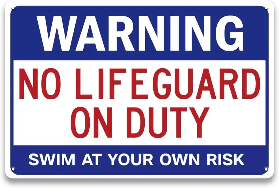 No Lifeguard On Duty Pool Sign for Outside - 12 x 8 inch Swim at Your Own Risk Sign, Pool Rules Outdoor, Metal Aluminum, Fade Re