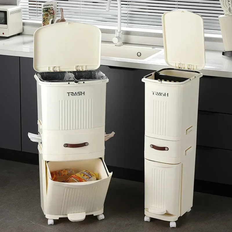 

Japanese Kitchen Sorting Trash Bin, Dry and Wet Separation, Automatic Foot Pedal Garbage Can, Space-Saving Floor Waste Basket