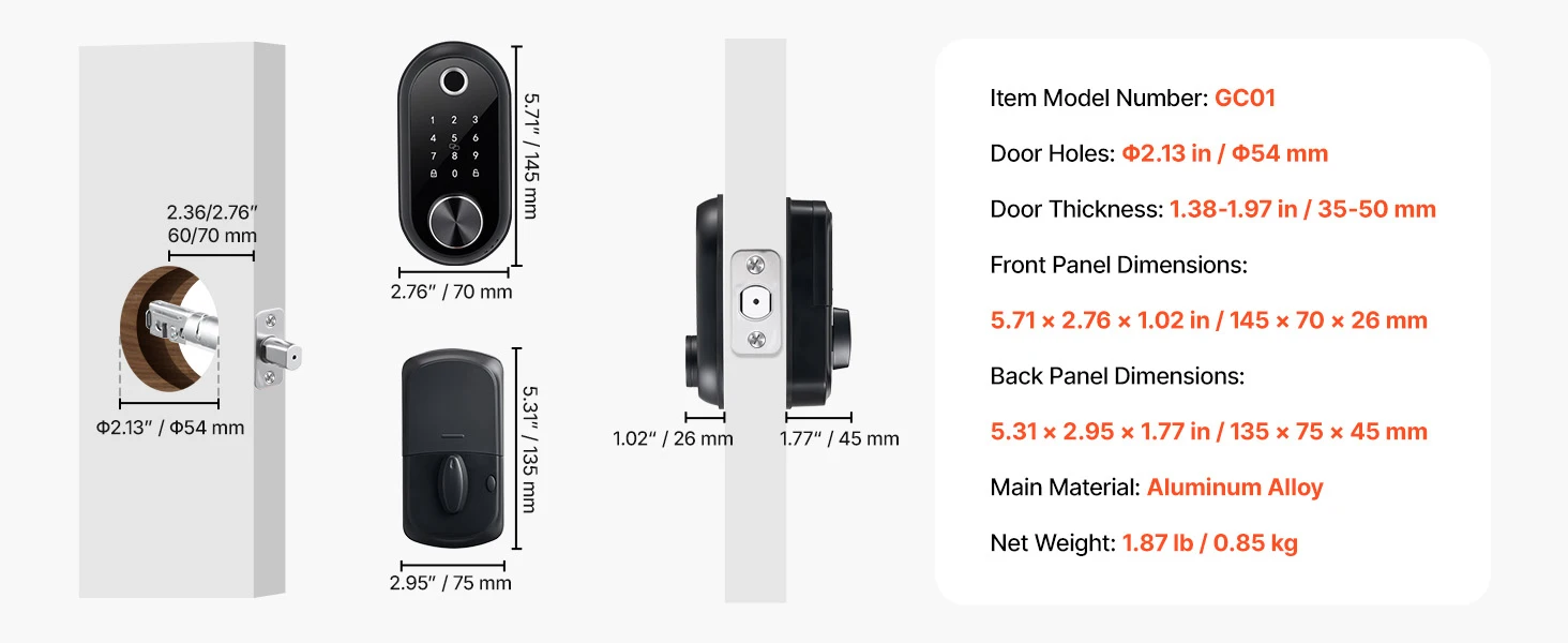 SucceBuy Fingerprint Door Lock Electronic Biometric Deadbolt with Touchscreen Auto Locking Anti-Peeking Password for Apartment