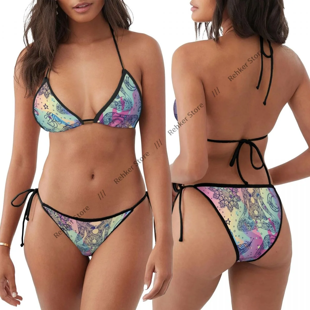 

Sexy Bikini Women Swimsuit Two Piece Swimwear Boho Colorful Rainbow Ornamental Hippie Print Bathing Suit Beachwear