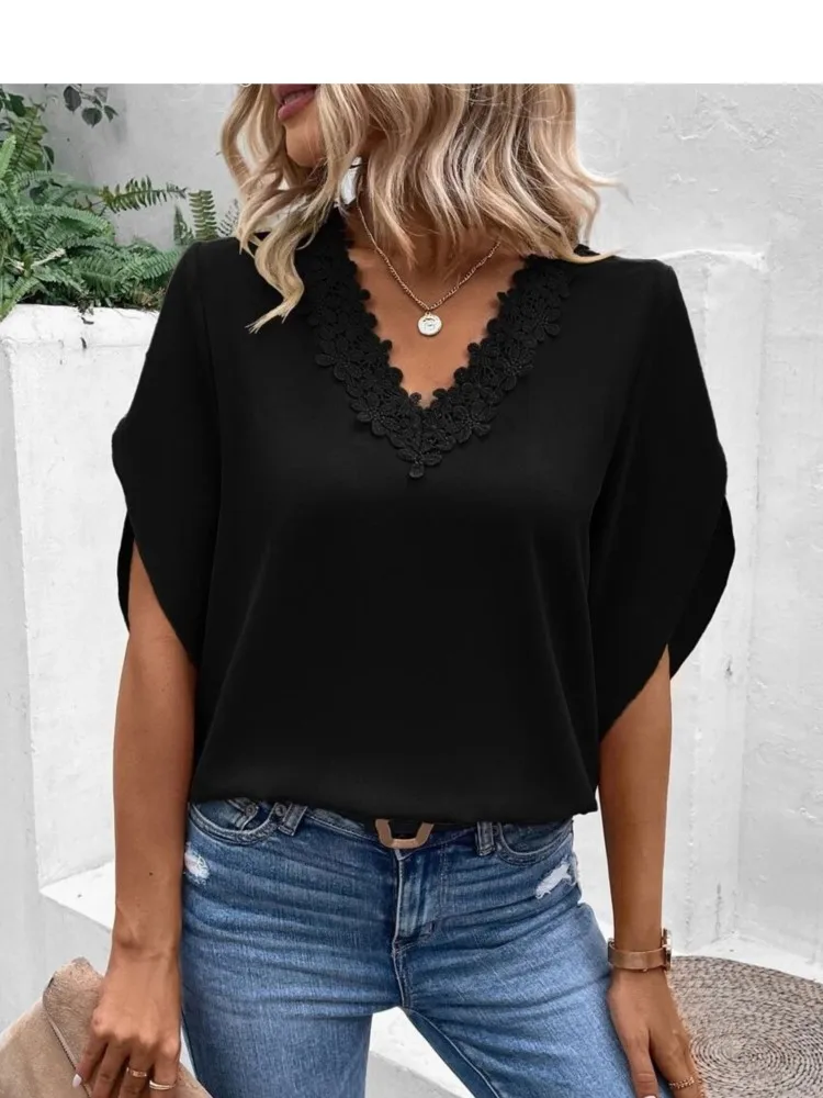 

Fashion Shirts New Solid Color 2024 Women Short Sleeve Elegant And Vintage Casual Loose Commuting Daily Pullover Ladies Blouses