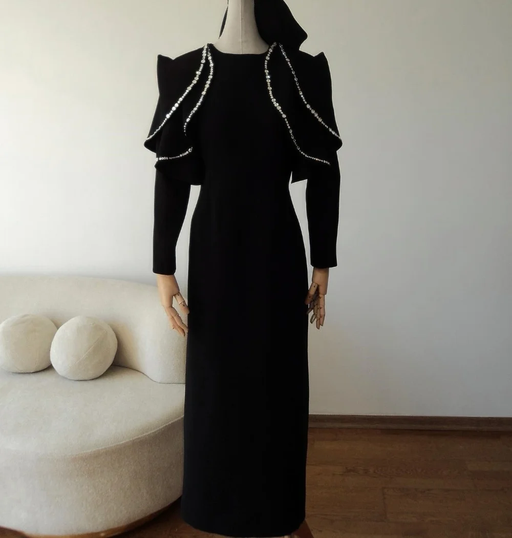 

Customized Matching Jersey Pleat Sequined Straight O-Neck Long Dresses Bespoke Occasion Simple Modern Style