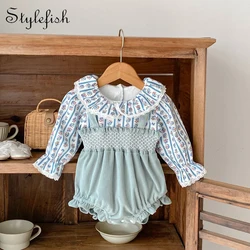 Autumn new style 0-3 years old baby clothes baby girl long-sleeved fake two-piece corduroy splicing lace triangle climbing