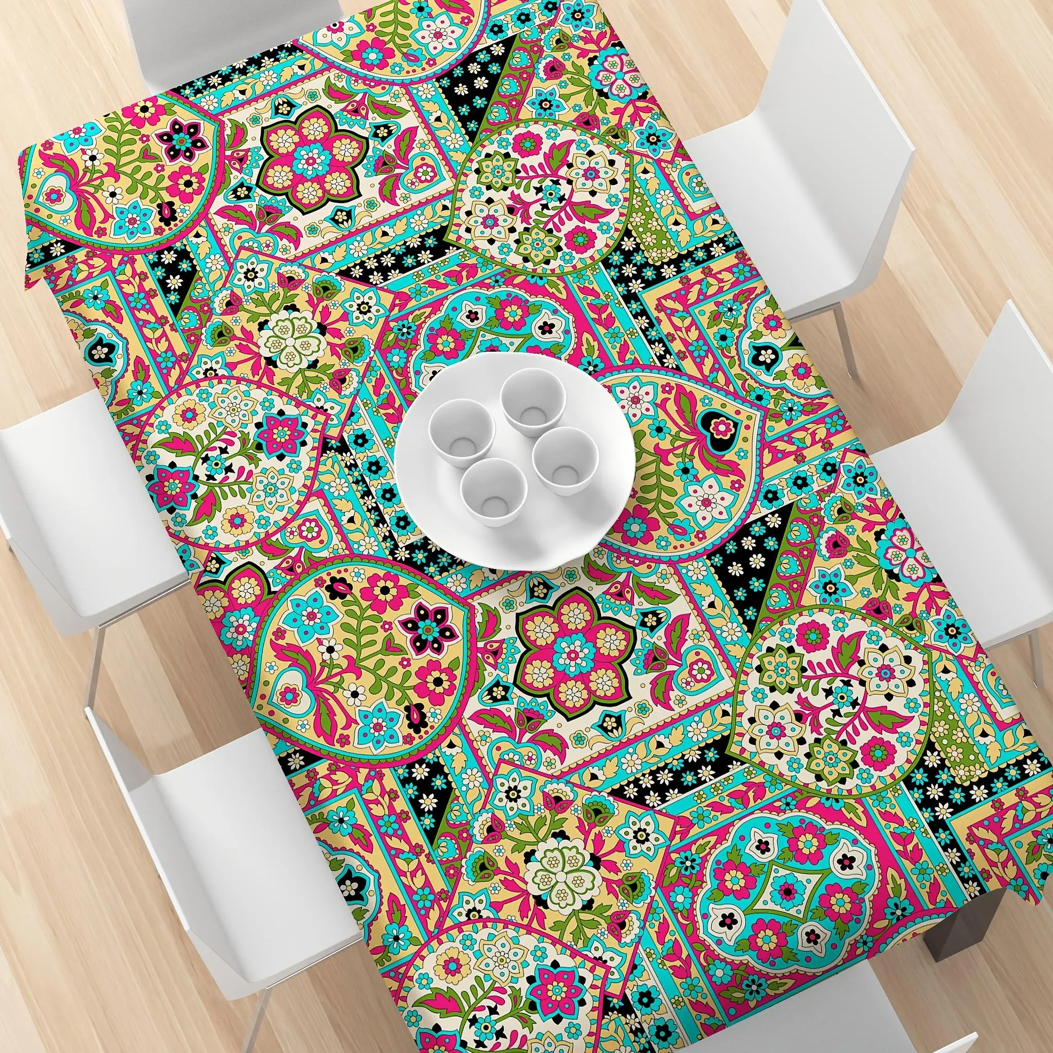 2D Printed 59X59in/150X150cm Bohemian Floral Print Tablecloth - Vibrant Multicolor Retro Design, Durable Polyester Square Table Cover for Indoor/Outdoor Use, Kitchen Dining, Weddings, Parties, Camping & Picnics, Festive Table Setting, Colorful Table