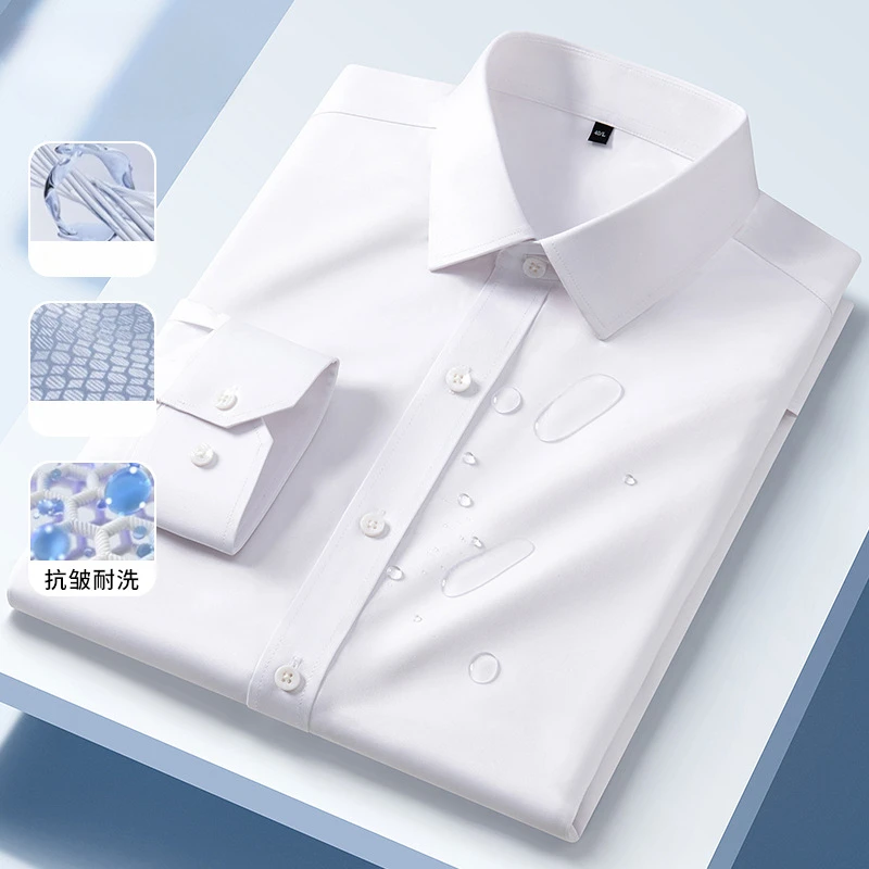 Chemise blanche à manches longues pour hommes, non repassage, robe d'affaires, vêtements de travail, bleu, printemps, été