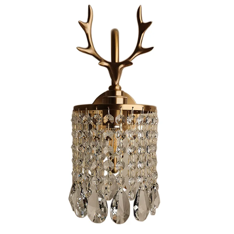 

Bedside crystal wall lamp American all-copper deer head dimmable wall lamp luxury retro