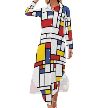 Piet Mondrian 추상 팝 아트 긴팔 셔츠 원피스 드레스, 빨간색, 파란색, 노란색, 직사각형, 귀여운 원피스, 1960 년대 